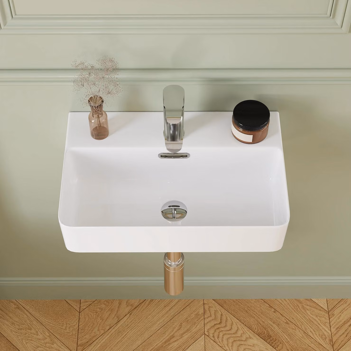 Lavabo rettangolare – Montaggio a parete o su piano – Vetroceramica – 46 x 30,5 cm – Con troppofilo – 1 foro per rubinetto – Bianco