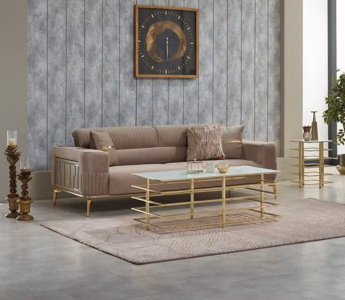 Luxus Dreisitzer Sofa 3 Sitzer Stoffsofa Polstersofa Beige Couch