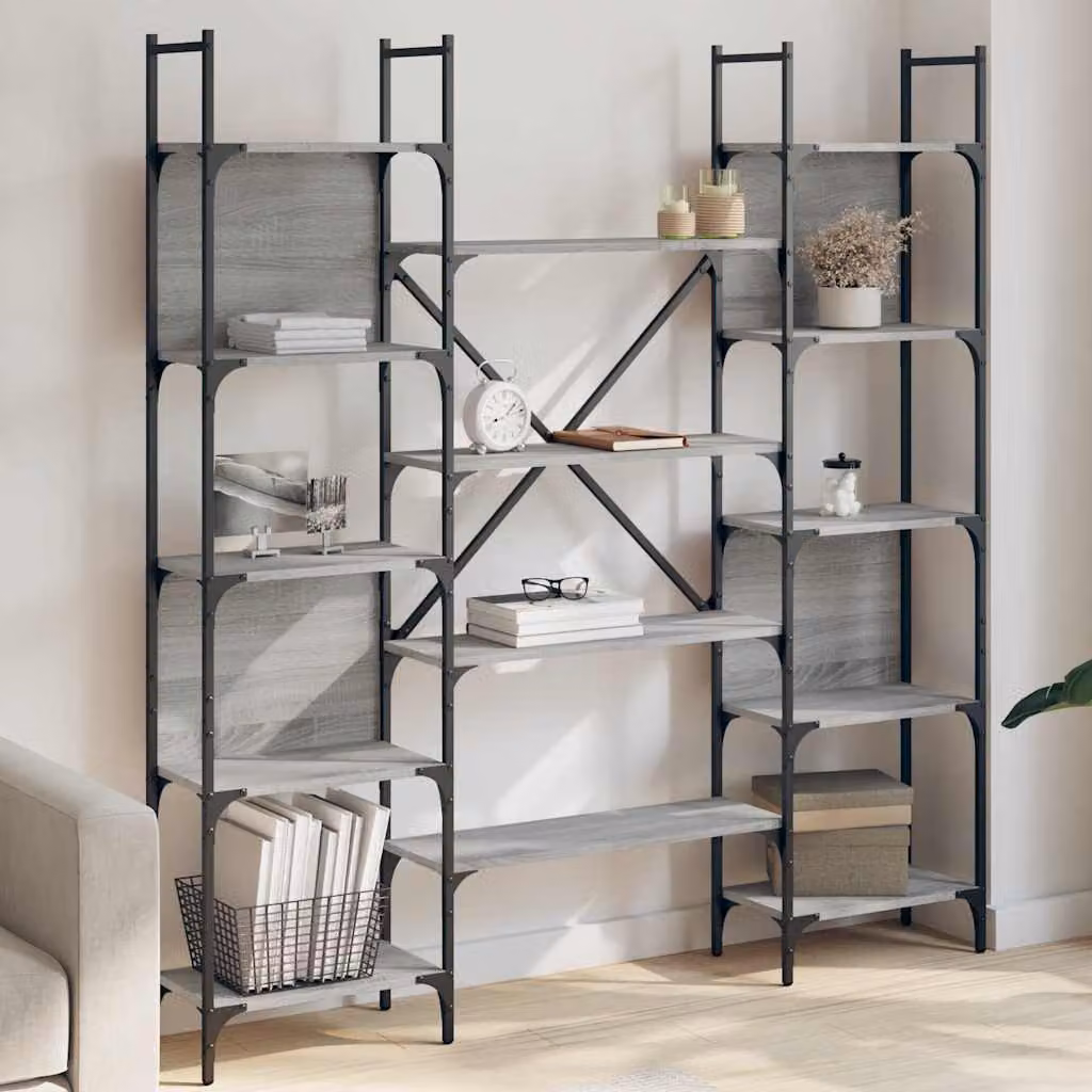 Libreria vidaXL in stile industriale Grigio Sonoma, realizzata in legno multistrato e metallo, L: 155,5 cm, P: 24 cm, H: 166,5 cm