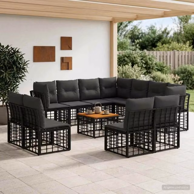 Set di divani da esterno 12 pz Nero e Grigio scuro Poliestere 3437497