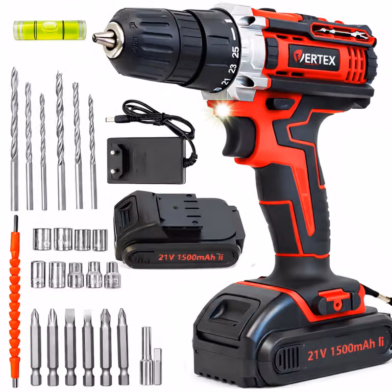 Verteks Trapano avvitatore a batteria, 21 V, set con accessori, 2 batterie, caricabatterie, bussole, punte, adattatori
