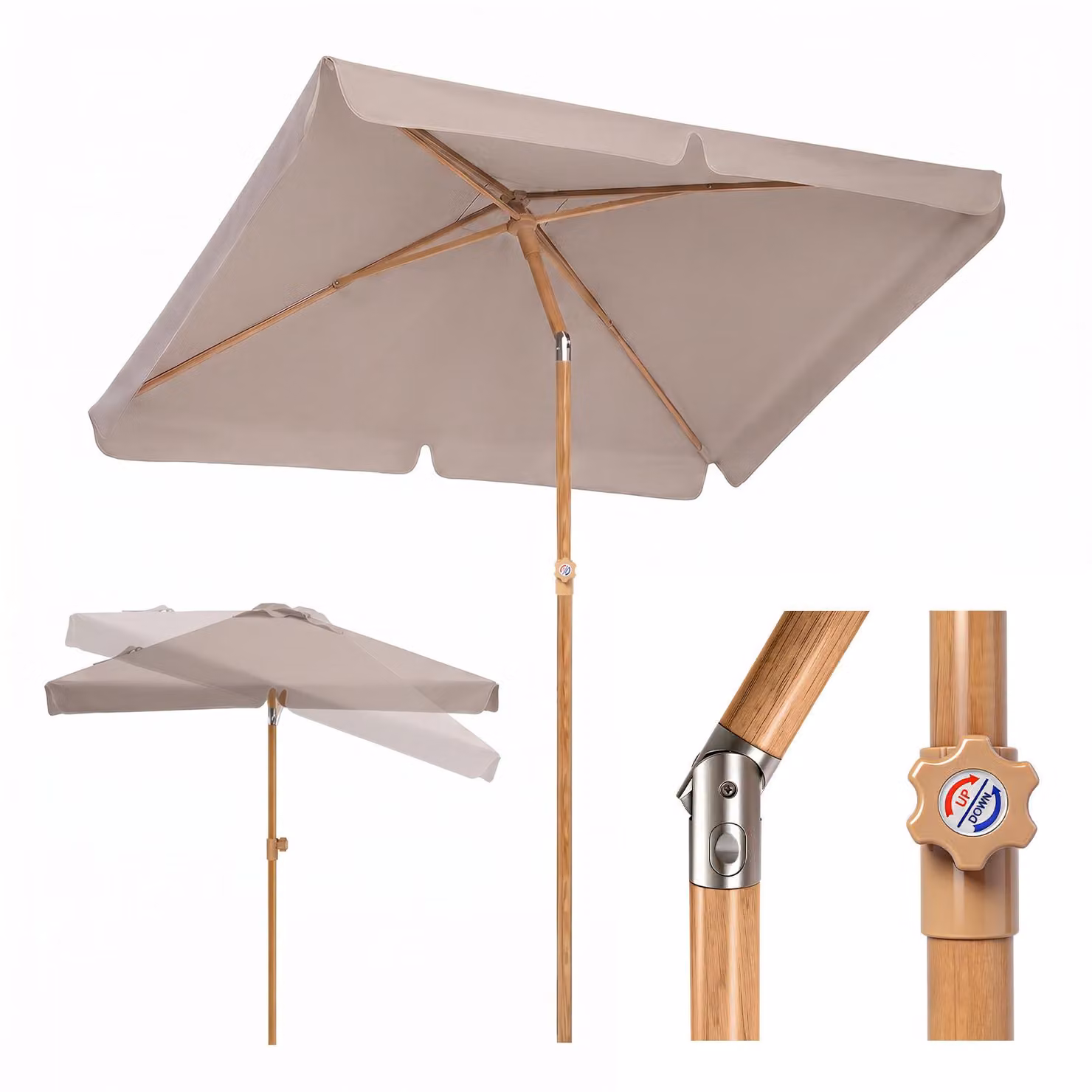 Ombrellone da balcone Sekey rettangolare effetto legno 200×125 cm, altezza e inclinazione regolabili, protezione solare UPF 50+