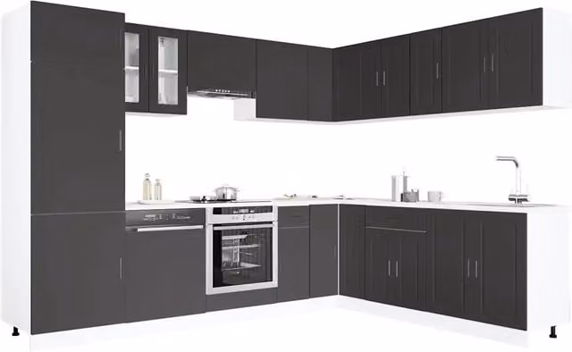 Set di mobili da cucina moderno vidaXL in legno e vetro nero composto da 14 pezzi con ante a battente
