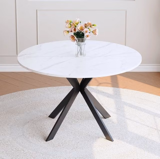 Tavolo da pranzo rotondo MODFU in MDF effetto marmo bianco e metallo nero con base a X, Diametro: 110 cm