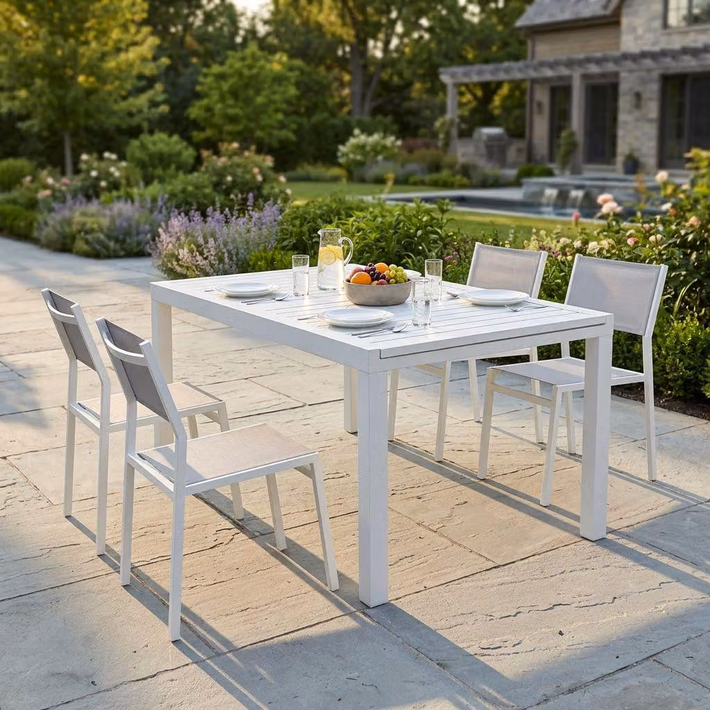 Milani Home - Set Tavolo Giardino Rettangolare Allungabile 160/240x90 Con 4 Sedie In Alluminio Bianco E Textilene Da Esterno - Bianco