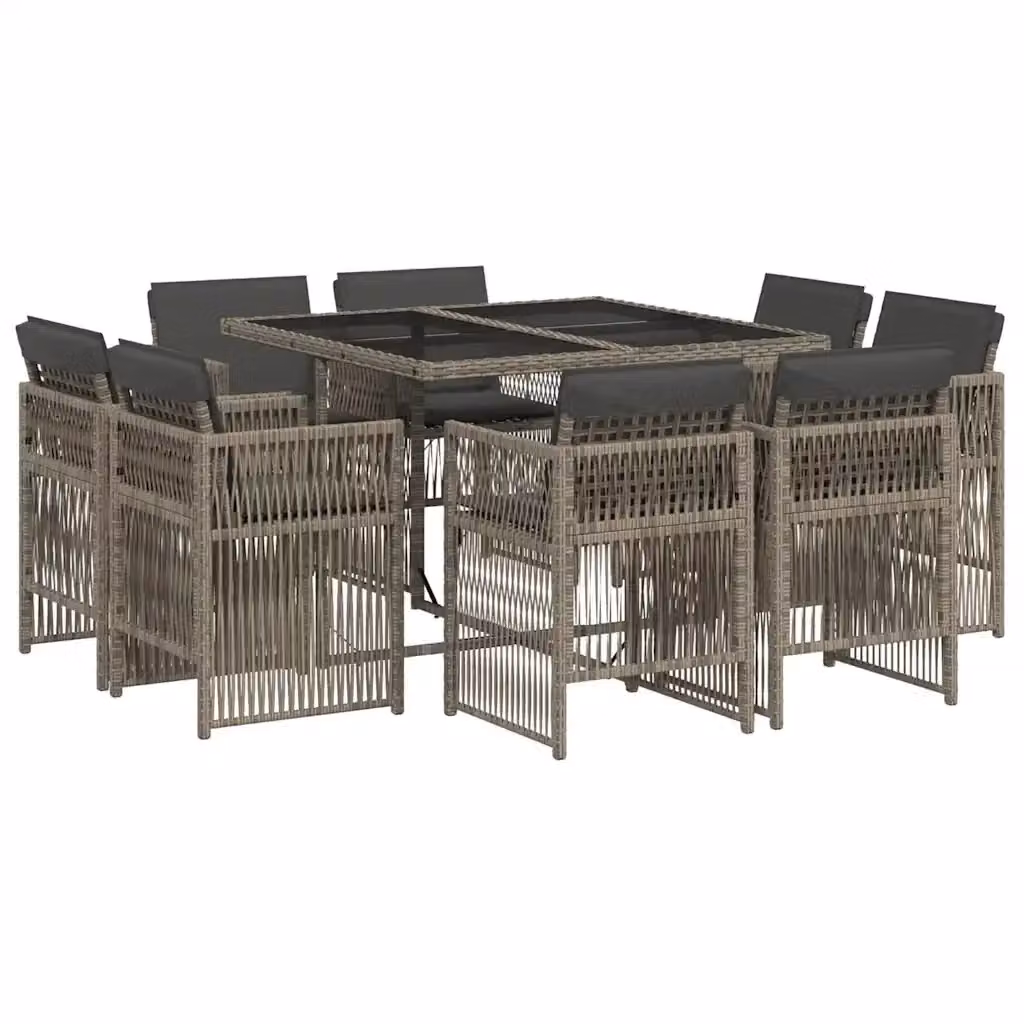 vidaXL Set da Pranzo da Giardino 9 pz in Polyrattan con Cuscini e Tavolo in Vetro Grigio e Nero – 2