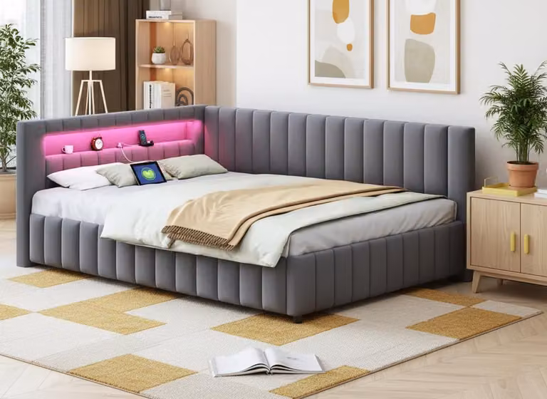 okwish Polsterbett 140x200 divano letto, rivestito in tessuto di velluto con illuminazione a LED e presa di ricarica USB, con schienale e poggiatesta, grigio scuro (Senza materasso)