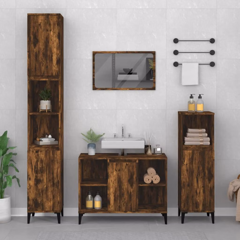 Set di mobili da bagno moderno vidaXL in 3 pezzi color rovere fumo con mobile lavabo e colonna, L/P/H: 80 x 60 x 33 cm