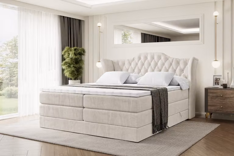 Letto boxspring ALTDECOR con 2 materassi e topper - 160x200 cm - VILA KING - Velluto color crema - Letto imbottito con materassi H3 e H4, contenitore e rete a doghe, letto con spazio contenitivo