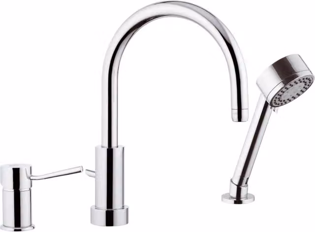 Miiscelatore bordo lavello con deviatore, bocca minimale e doccetta cromata serie minimal