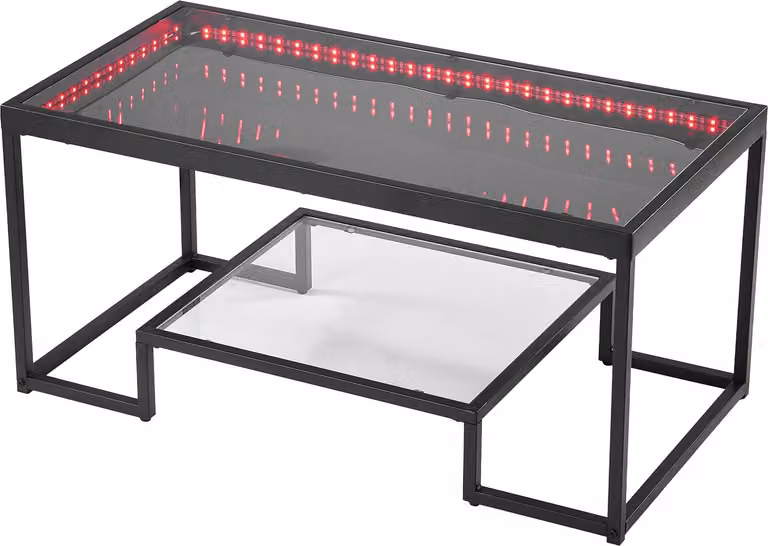SucceBuy Tavolino moderno in vetro temperato con illuminazione, tavolo rettangolare con due livelli e spazio di archiviazione aperto, tavolino in metallo per soggiorno o ufficio, 100 x 51 x 48 cm, nero