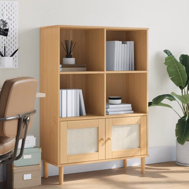 Credenza vidaXL SENJA in legno di pino con aspetto rattan marrone, L 90 cm, P 35 cm, H 130 cm