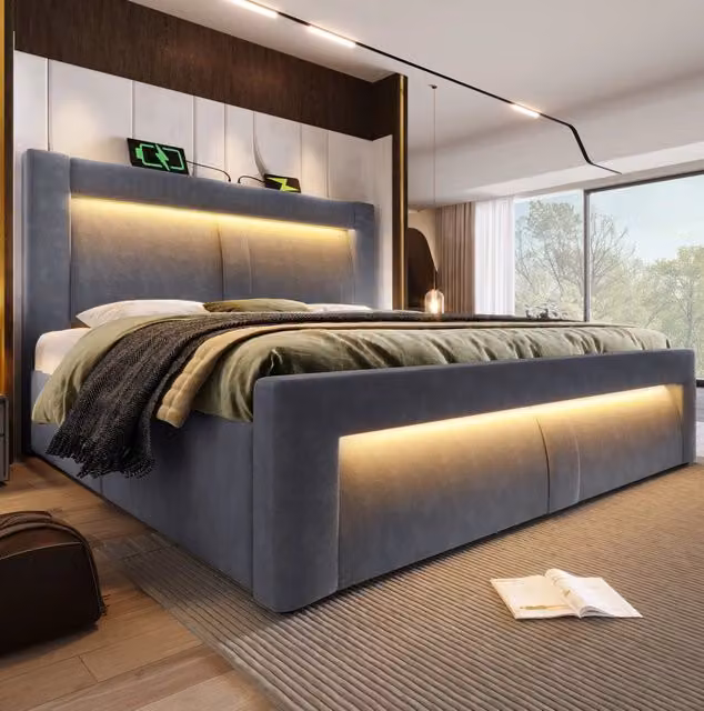 Letto contenitore 160x200 cm con rivestimento in velluto grigio, LED e materasso incluso