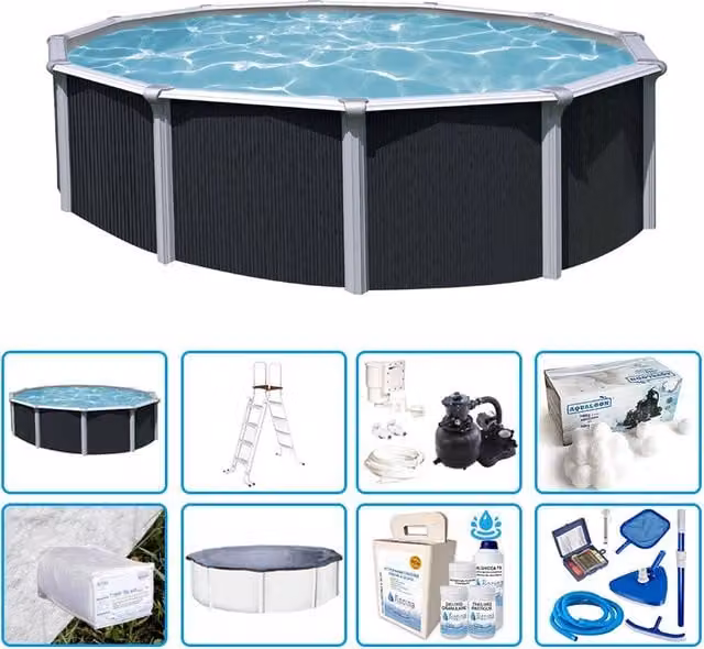 Piscina Fuori Terra Rotonda Bsvillage Steeldesign Grigia con Kit Pro, Filtro, Scala, Copertura e Telo di Protezione, L: 3,65 m, H: 1,32 m – 1