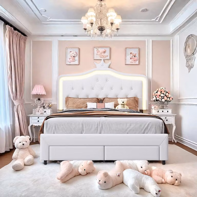 Letto imbottito Fortuna Lai 140x200cm, letto matrimoniale per bambini con testata regolabile e contenitore, letto per ragazzi in legno con rete a doghe, PU, bianco