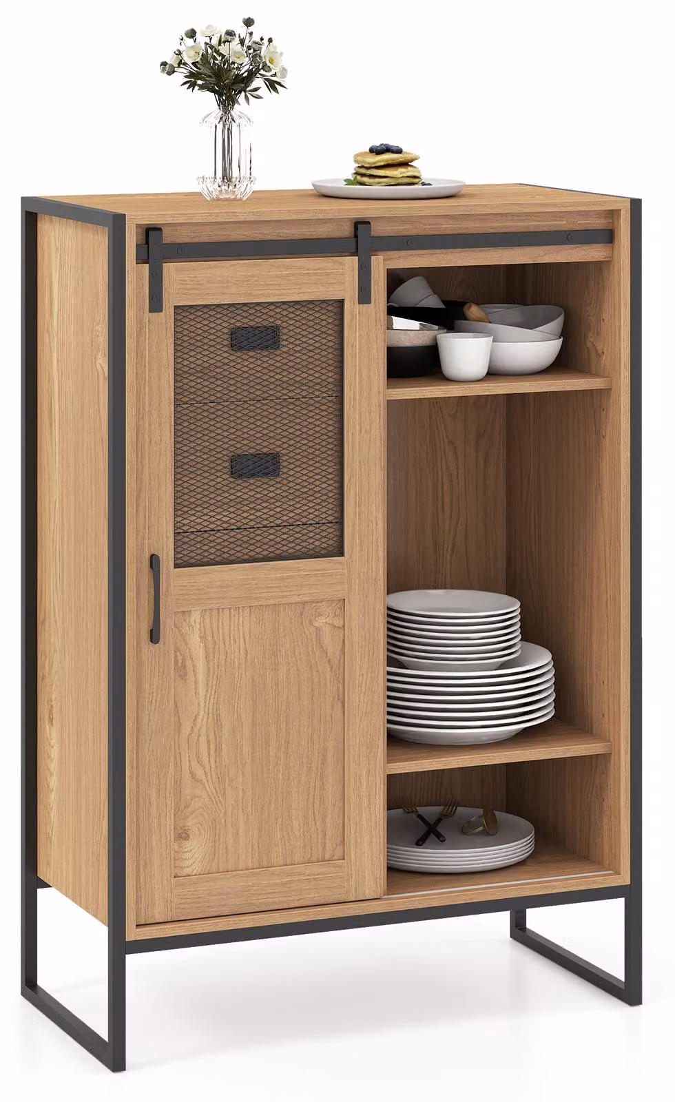 COSTWAY Armadio contenitore da terra, organizer rustico con ante scorrevoli, 5 cassetti e ripiani, credenza per bagno, soggiorno