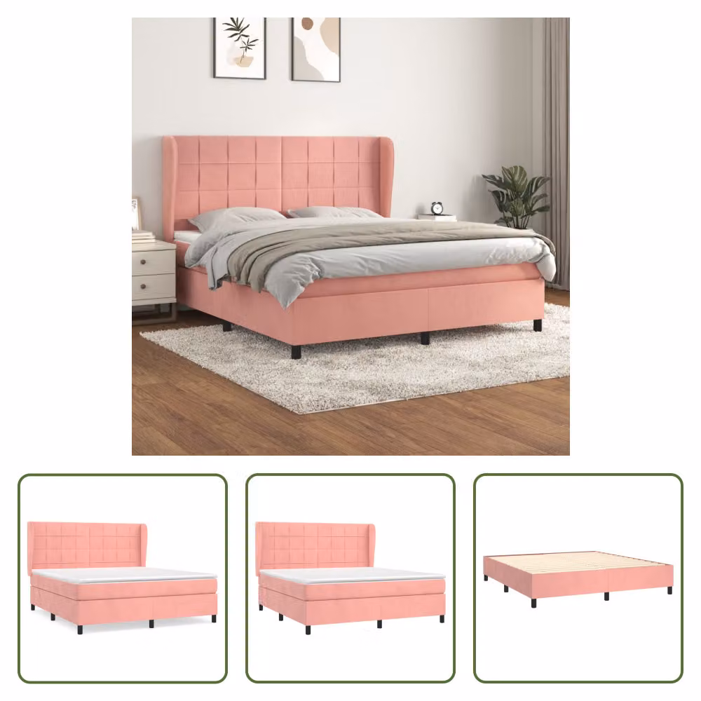 The Living Store Letto a molle con materasso rosa 160x200 cm in velluto
