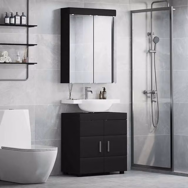 Set di mobili per il bagno moderno vidaXL composto da mobile lavabo e armadietto con specchio, finitura nera opaca e dettagli argento, L: 60 cm, P: 34 cm, H: 63 cm