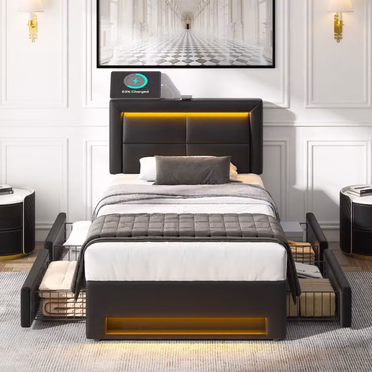 Letto imbottito Flieks 90x190cm con USB, letto contenitore letto singolo con rete a doghe e 4 cassetti, letto per ragazzi con LED, letto in legno letto funzionale, PU, nero
