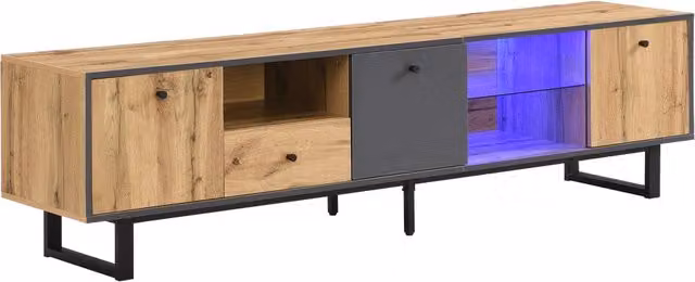 Mobile TV soggiorno con illuminazione LED, ante in vetro, cerniere ammortizzate, finitura legno e antracite