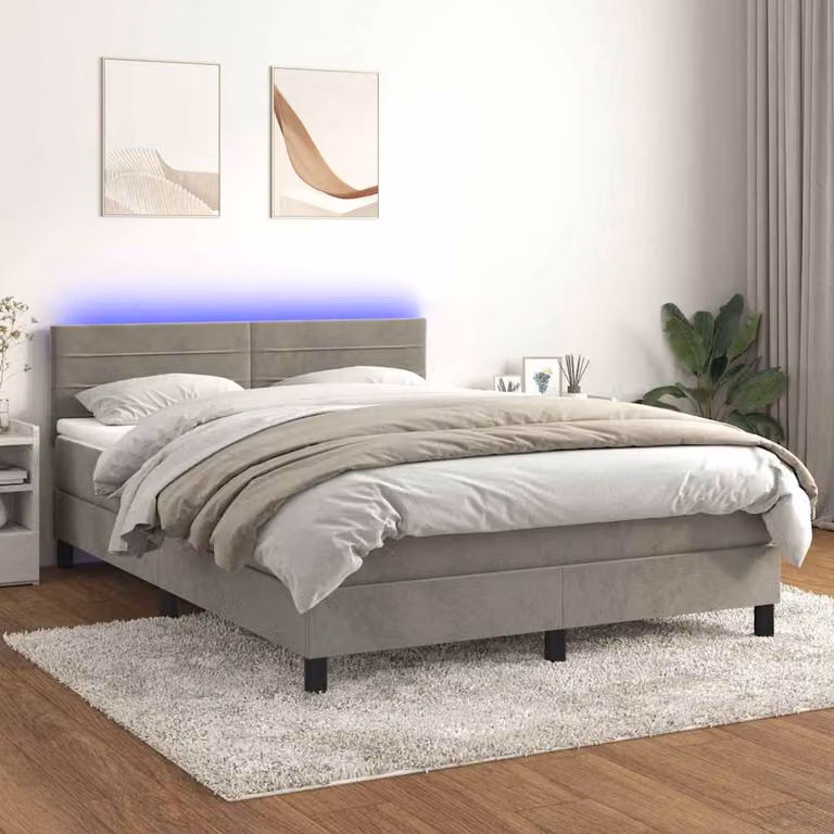 Letto a Molle con Materasso e LED vidaXL in Velluto Grigio Chiaro L/P/H: 140 x 200 cm