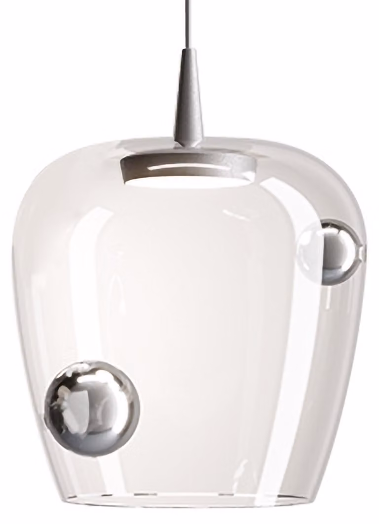 Zafferano Lampada a sospensione Bilia LED 8W 3000K Diametro 27cm in vetro borosilicato soffiato a bocca con finitura in alluminio e argento