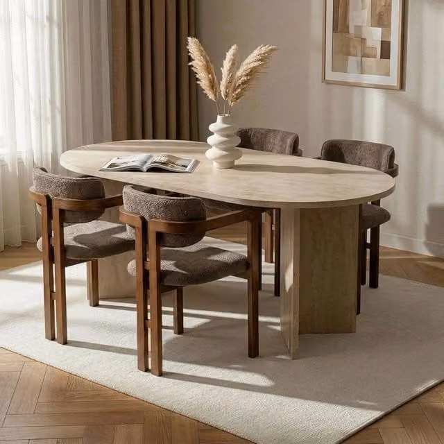 Set Tavolo e 6 Sedie DMORA Moderno Beige con Piano Ovale in MDF Laminato