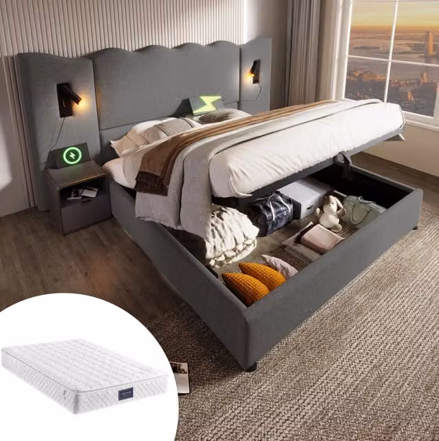 Letto matrimoniale imbottito 160x200 cm con lampada da lettura girevole, funzione di ricarica USB Type-C, contenitore e struttura in metallo e legno massello grigio