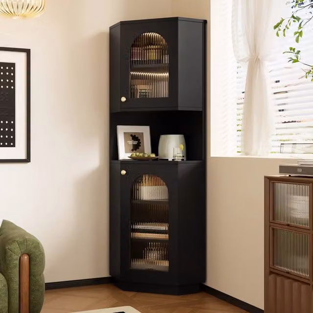 Armadietto da bagno angolare moderno OKWISH in MDF nero con illuminazione LED e ripiani regolabili L/P/H: 45 x 45 x 166,5 cm
