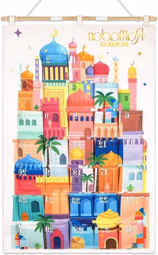 Calendario dell'Avvento riutilizzabile per il Ramadan con 30 taschine | Decorazione multicolore per l'Eid | Calendario del Ramadan con taschine da aprire | 10 x 10 cm - Ramadan Mubarak