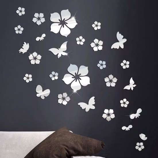 28 fogli di carta da parati acrilica effetto muschio con fiori e farfalle, riflessi 3D, decorazioni per interni, elementi adesivi argentati per soggiorni, camere da letto, bagni e uffici