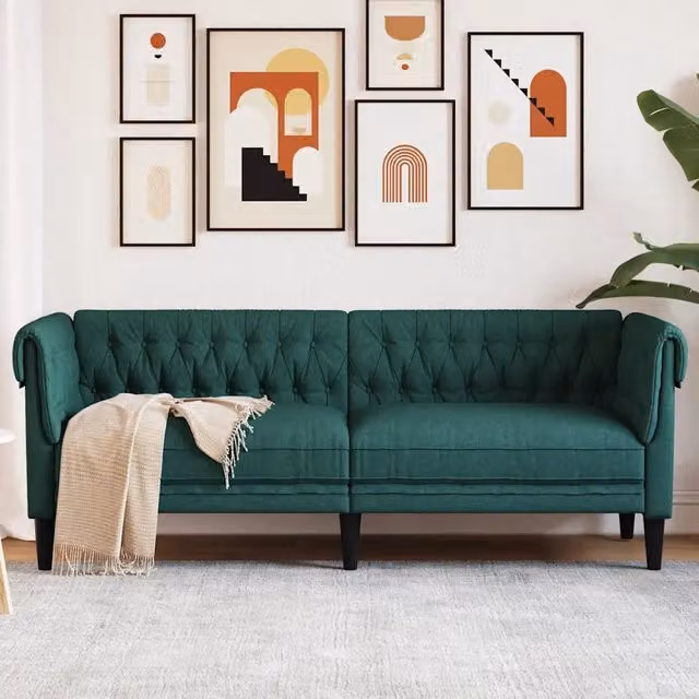 Divano Chesterfield a 3 posti vidaXL in tessuto verde con struttura in legno e schiuma – 1