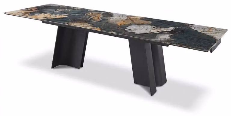 Tavolo da pranzo in Vetroceramica, design moderno, aspetto marmorizzato, struttura in metallo nero
