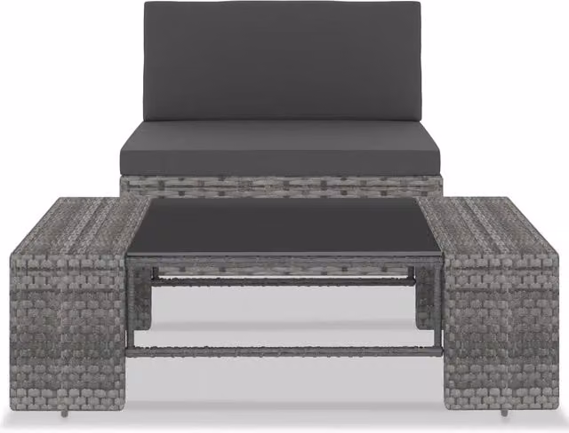 Set da giardino moderno vidaXL composto da divano a 2 posti e tavolino con piano in vetro, struttura in metallo antracite e sedute in rattan grigio con cuscini inclusi e rivestimenti rimovibili
