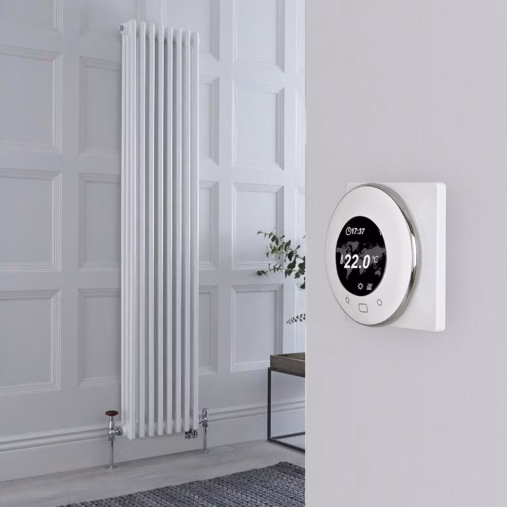 Radiatore Misto Verticale Bianco Triplo con Valvole Cromate con Termostato WiFi - 1800mm x 380mm - Regent