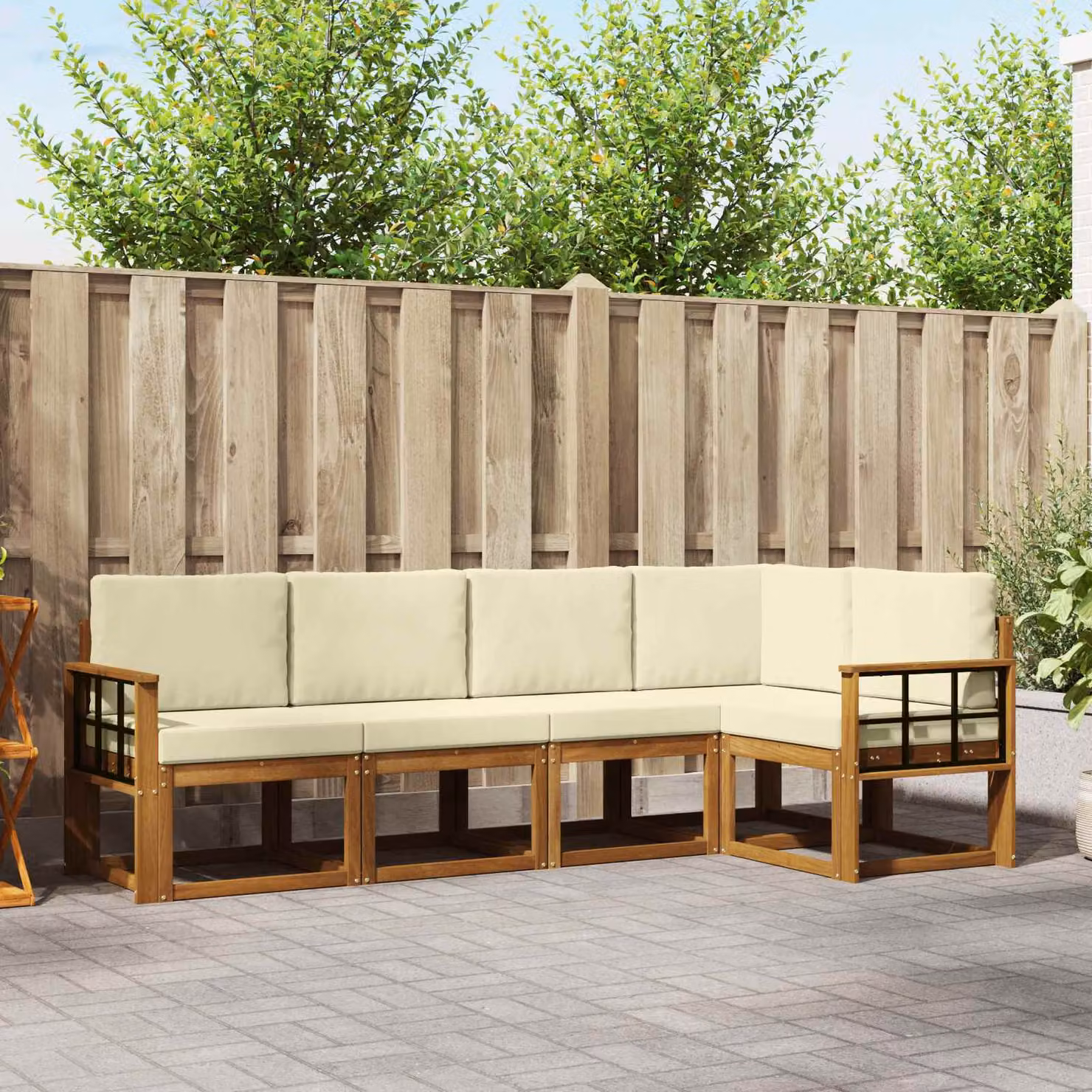 Set di divani da esterno vidaXL a forma di L in legno di acacia con cuscini, colore beige e marrone