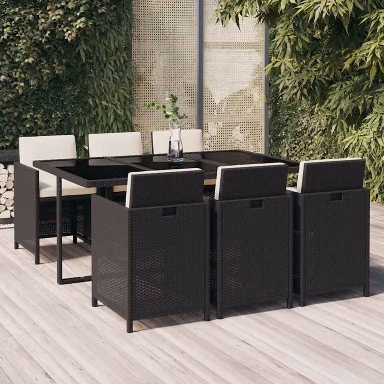 Set da pranzo da giardino vidaXL in polyrattan nero con cuscini e tavolo in vetro, 7 pezzi