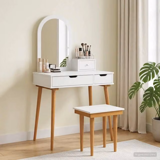 Set Tavolo da Trucco FAUSKE vidaXL 4 pz Bianco L: 76 cm, P: 50 cm, H: 143 cm