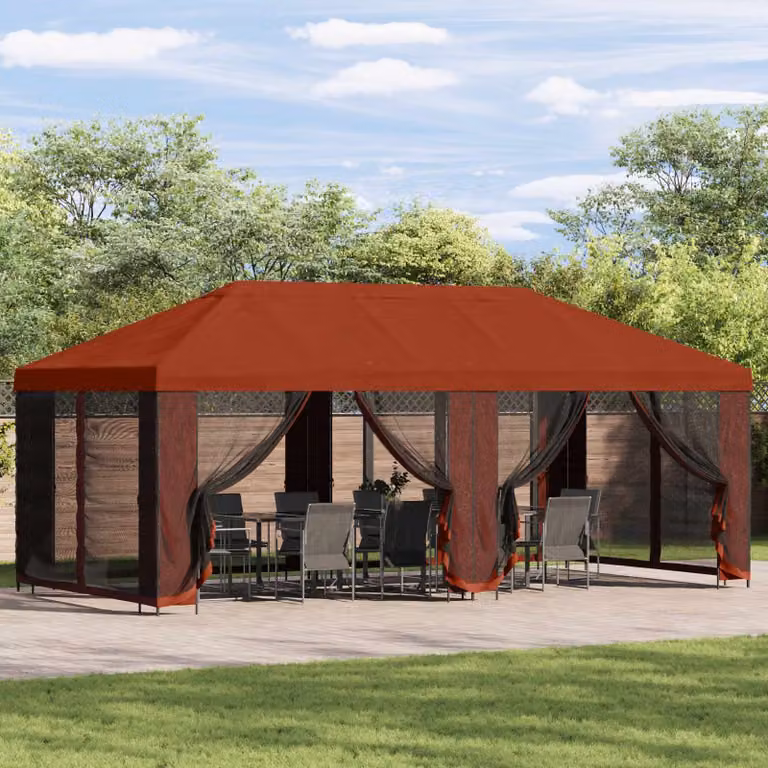 vidaXL Gazebo da giardino con pareti laterali in poliestere e struttura in acciaio zincato, L: 600 cm, P: 300 cm, H: 276,5 cm, Terracotta