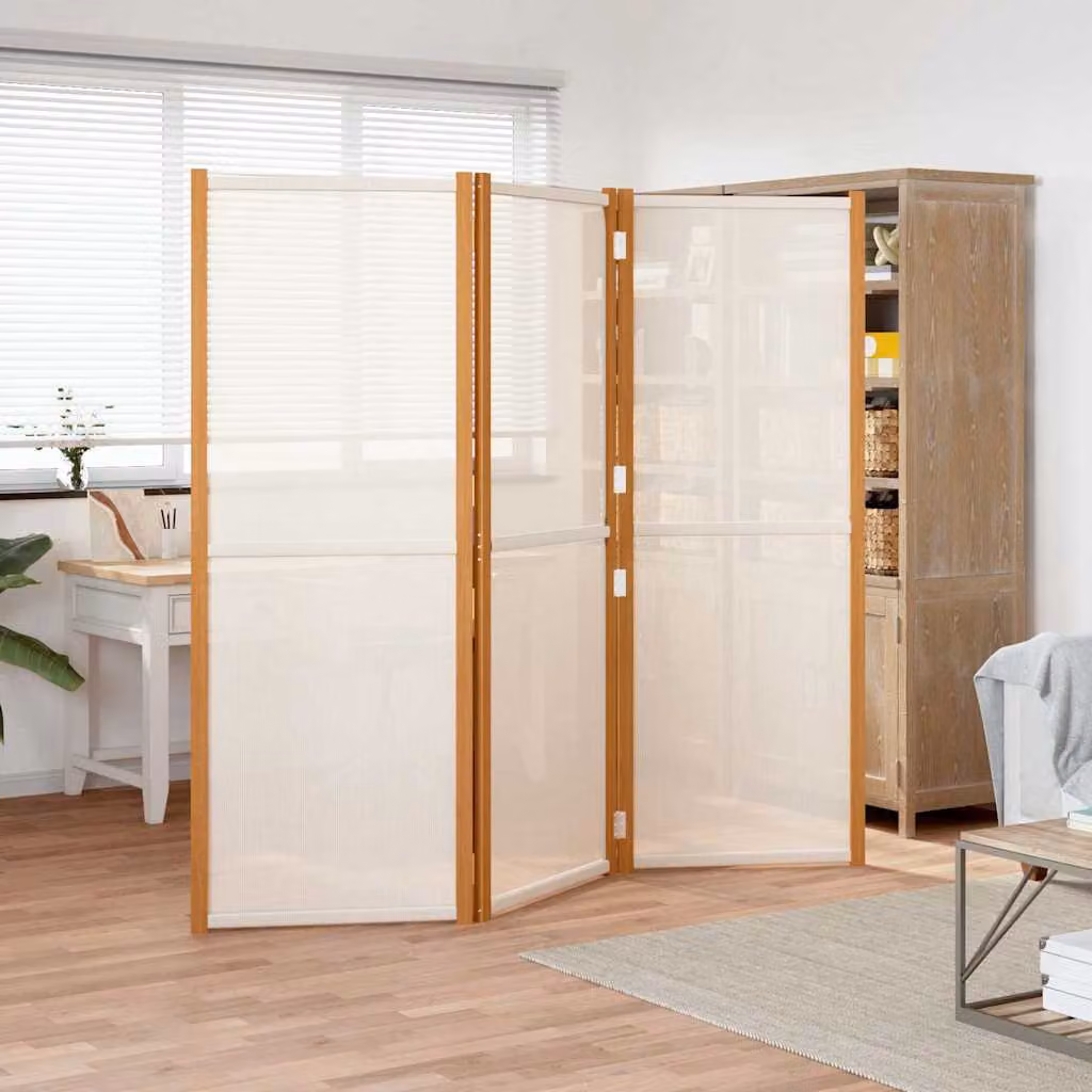 Divisorio a 3 Pannelli vidaXL in Legno di Acacia Oliato con Tessuto Bianco e Beige L: 180 cm, H: 180 cm