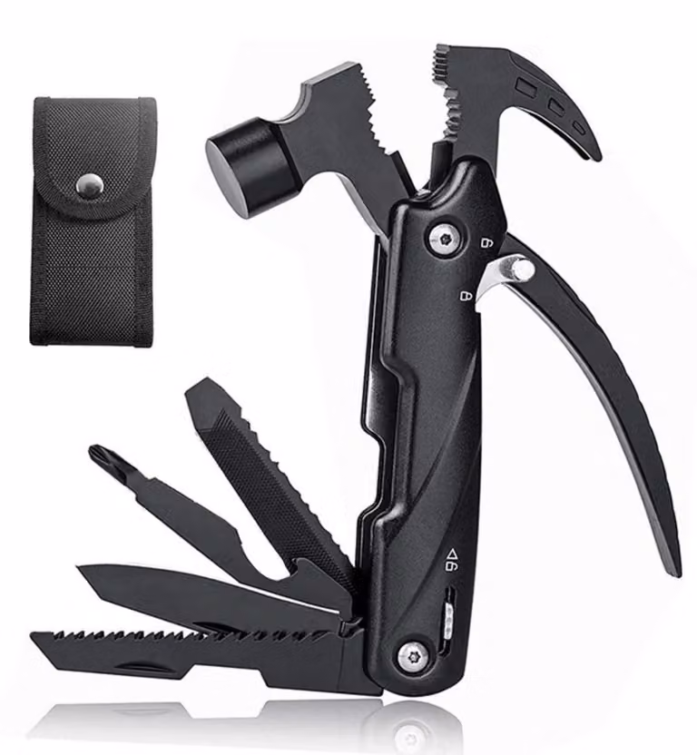 Multitool martello - Multitool coltello tascabile - 12 in 1 - Acciaio inossidabile - Con custodia da trasporto - Per campeggio ed escursioni
