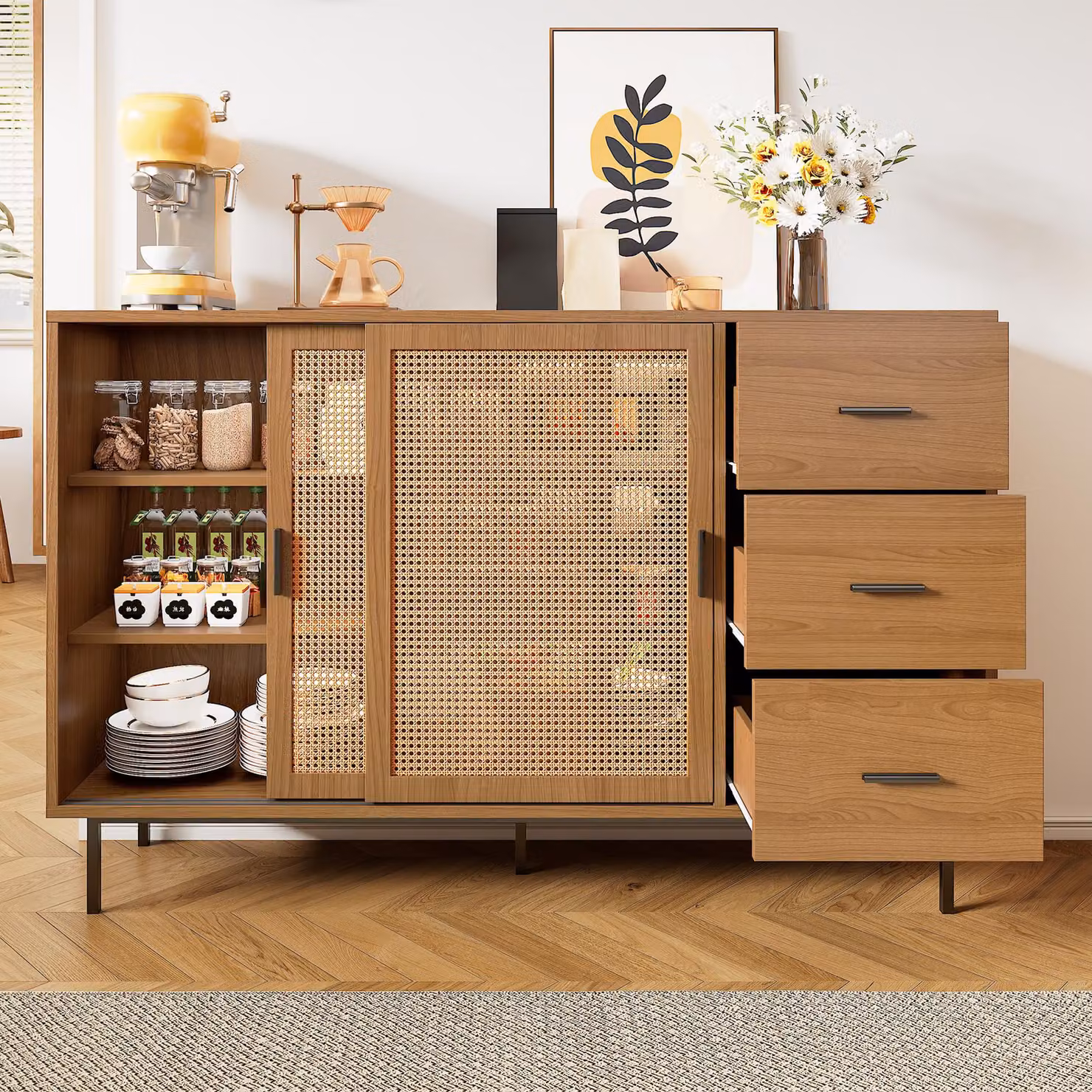 Cassettiera Flieks per soggiorno con ante scorrevoli in rattan, credenza con ripiani regolabili, 140x37x91 cm, finitura naturale