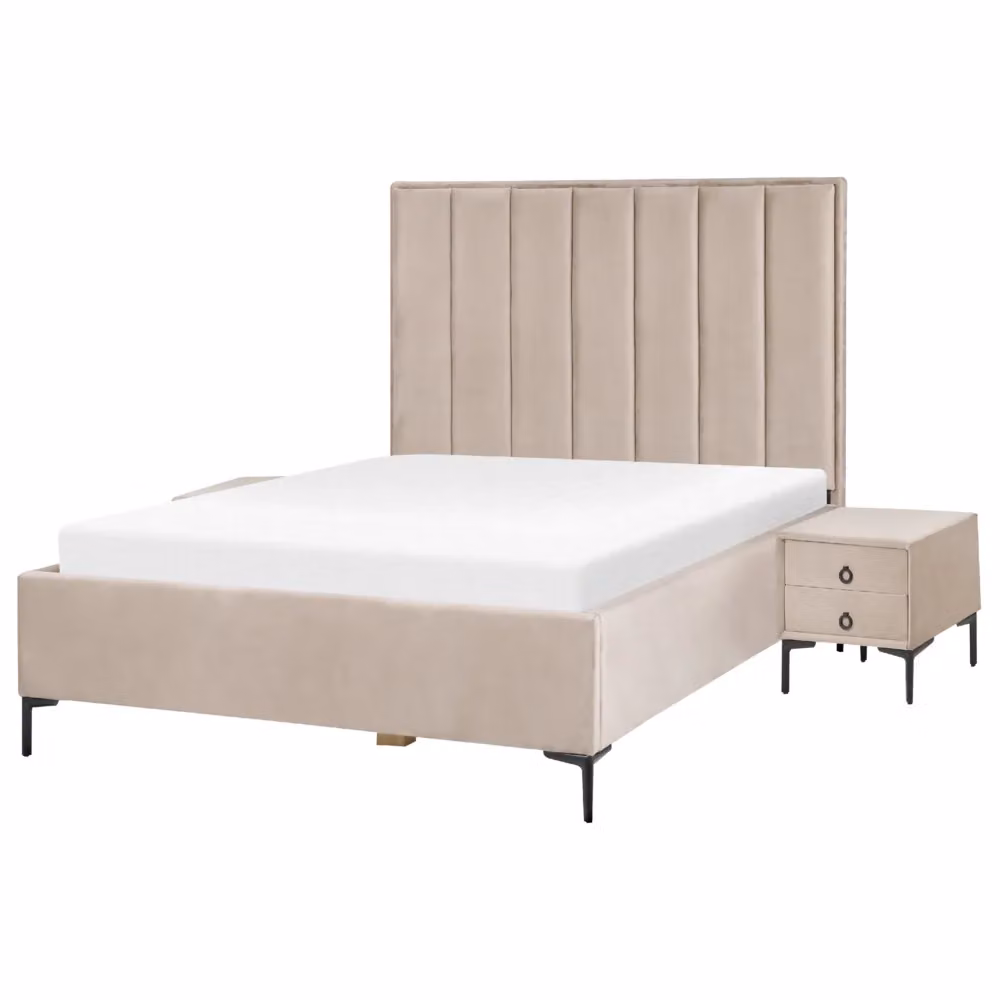 Set camera da letto Beliani in velluto grigio tortora con letto contenitore matrimoniale 140 x 200 cm e 2 comodini imbottiti – 2