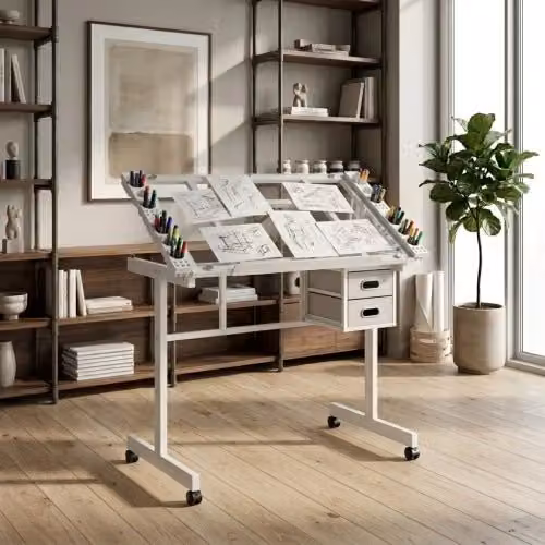 Scrivania da disegno regolabile con ripiani estraibili e 2 cassetti - per studio - bianco