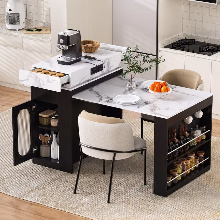 MODFU Isola da cucina, tavolo da bar con prese multiple e ganci, tavolo da pranzo, credenza con cassetti e spazio aperto, cucina e sala da pranzo, nero