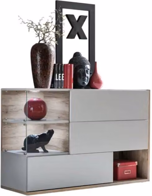 Buffet, credenza, enfilade KLIS con tre porte e tre nicchie. Colori grigio perla e quercia. Stile design.