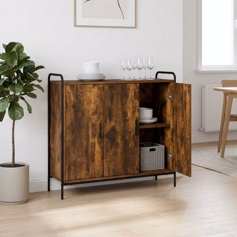 Credenza moderna vidaXL in legno ingegnerizzato e metallo, colore Rovere Fumo, L: 98,5 cm, P: 33 cm, H: 81 cm