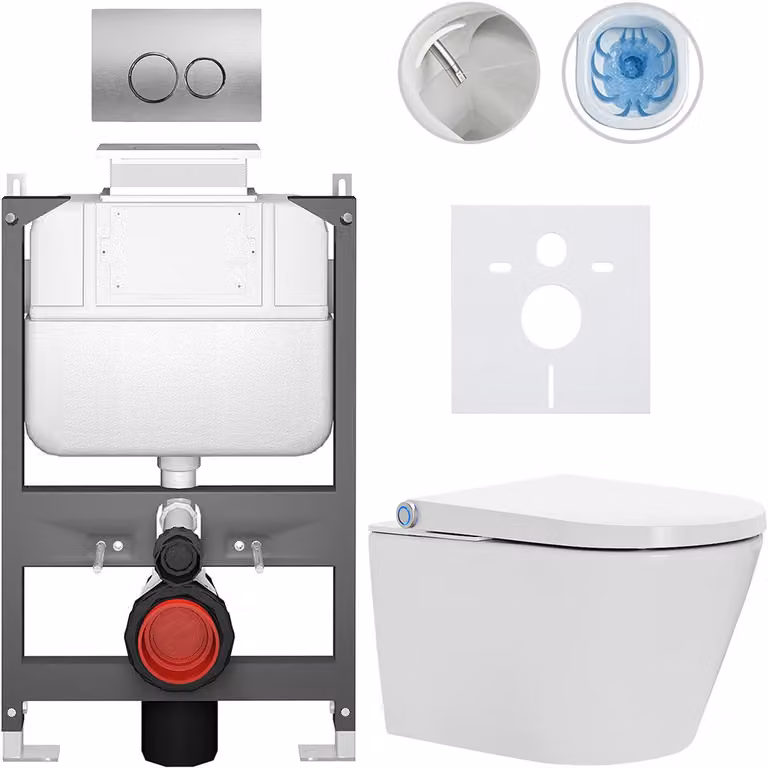 WC sospeso con bidet Cronus Standard - bianco lucido - pulsante Prime/Dualo, argento - azionamento superiore - installazione a parete/con pannello di cartongesso - 59,3 x 38,4 cm