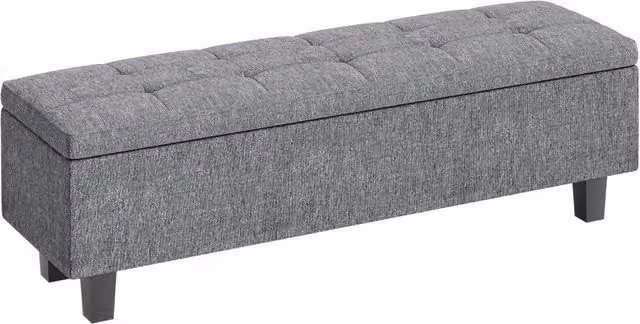 Panca contenitore imbottita con vano sotto seduta e gambe in legno, in lino grigio scuro, 138 × 40 × 45 cm