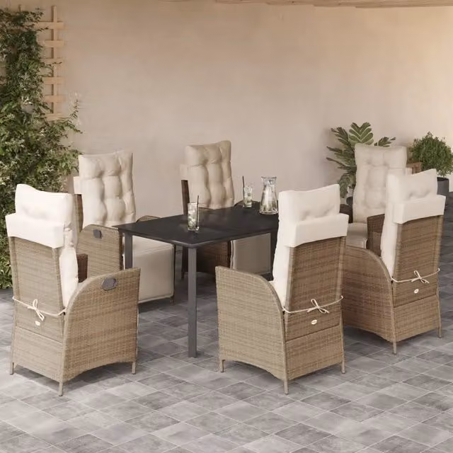 Set da Pranzo da Giardino 7 pz con Cuscini Beige in Polyrattan 3213445
